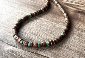 Wood Turquoise Blue Brown Mens Beaded Surfer Necklace - Dennis