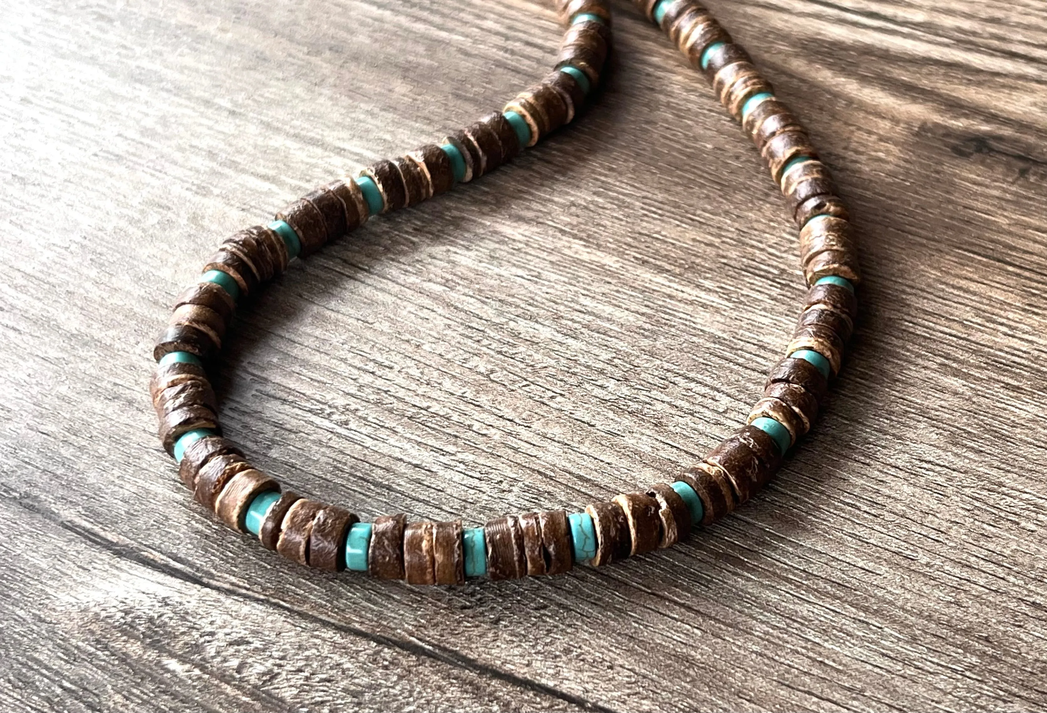 Wood Turquoise Blue Brown Mens Beaded Surfer Necklace - Dennis