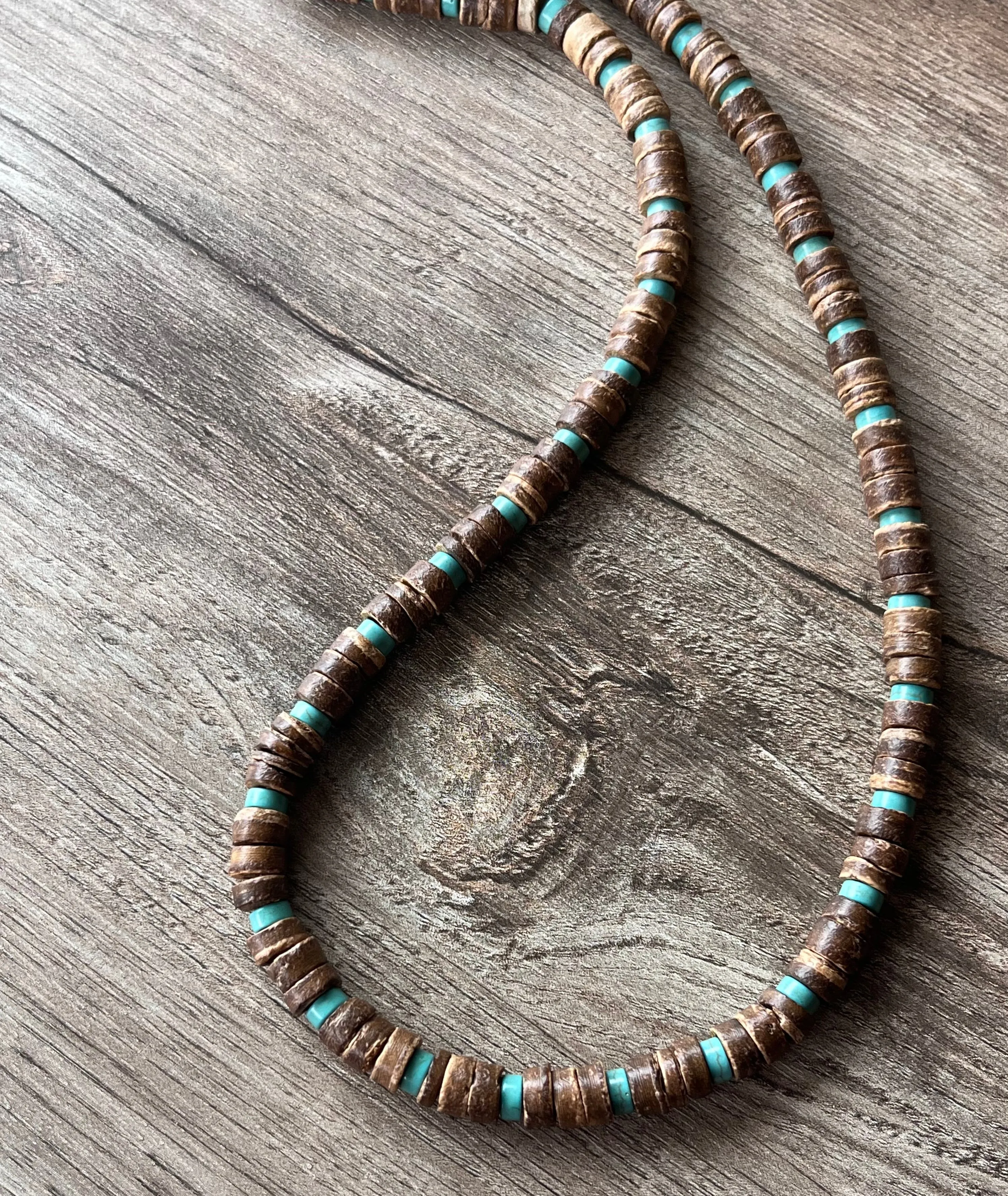 Wood Turquoise Blue Brown Mens Beaded Surfer Necklace - Dennis