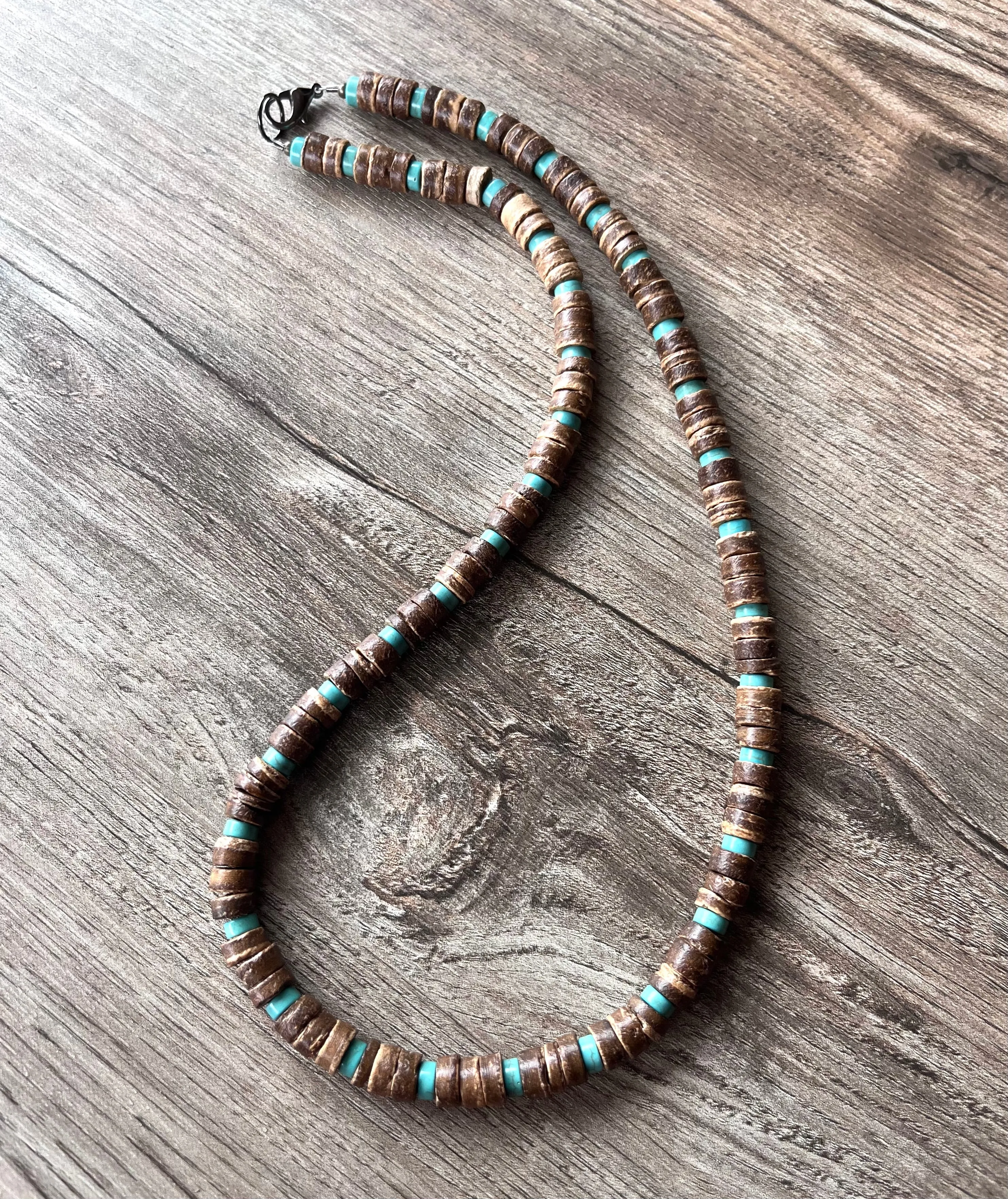 Wood Turquoise Blue Brown Mens Beaded Surfer Necklace - Dennis