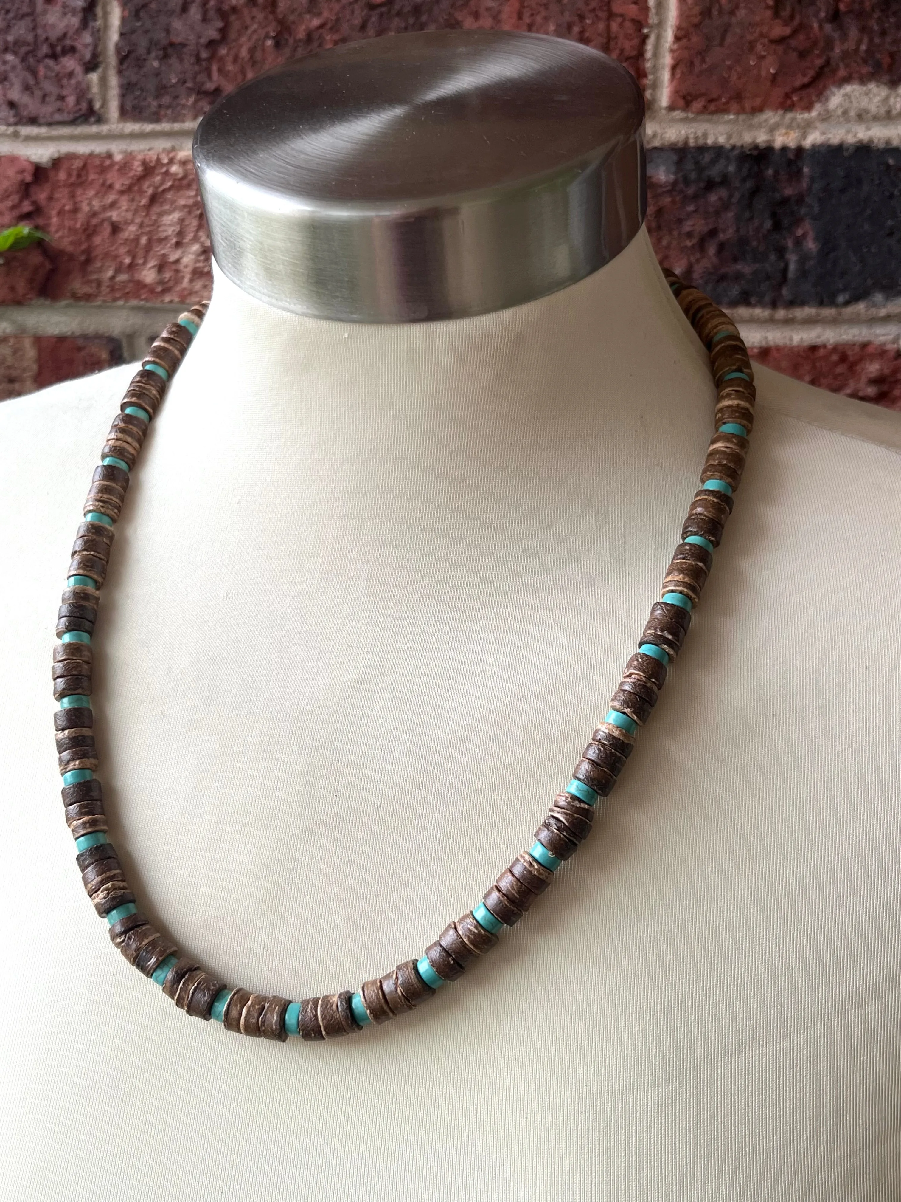 Wood Turquoise Blue Brown Mens Beaded Surfer Necklace - Dennis